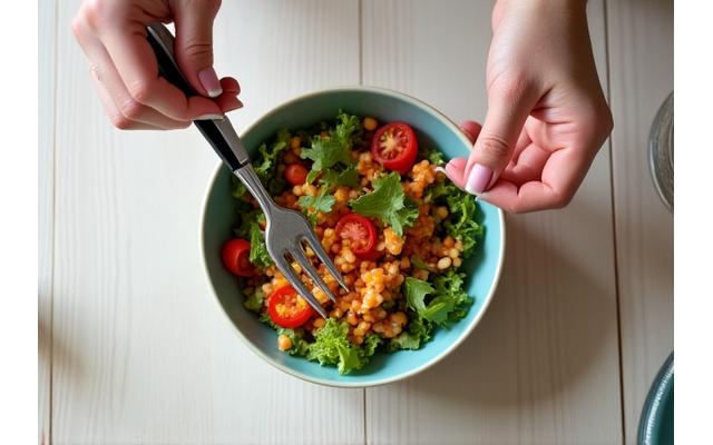 Overhead view of a person mindfully eating a colorful salad