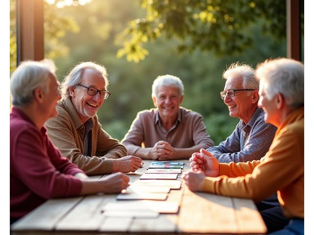 A diverse group of active, aging individuals engaged in a mentally stimulating activity like a puzzle, board game, or lively conversation in a bright, inviting natural setting. The focus is on connection and cognitive engagement.