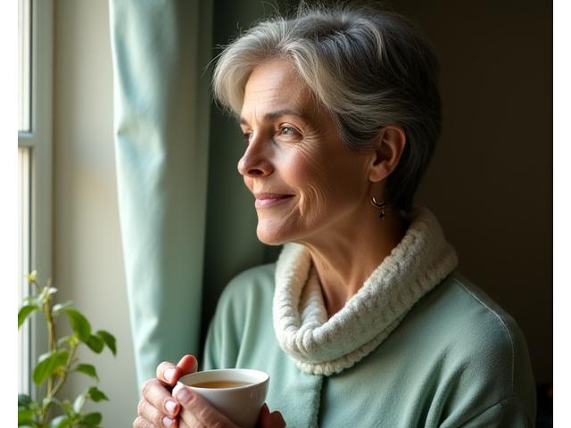 A thoughtful, composed woman in her 40s or 50s, looking serenely out a window or holding a cup of herbal tea. The scene conveys balance, calm, and well-being, symbolizing confidence in managing life's changes.