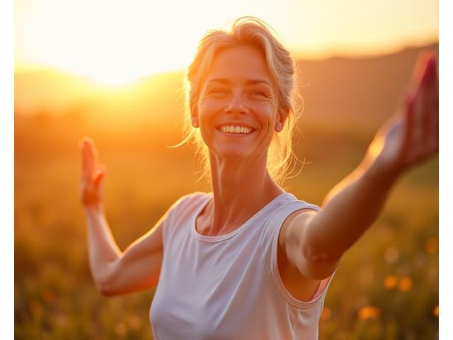 A vibrant woman in her 40s or 50s, smiling confidently, engaging in a low-impact exercise like yoga or tai chi outdoors at sunrise. She looks strong and at peace, embodying vitality after 35.