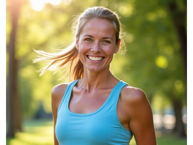 Sarah, 42, smiling confidently after achieving health goals